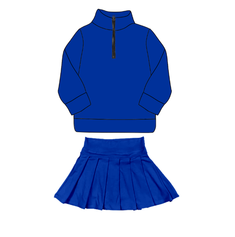 custom moq 5 mix size Baby Girls Blue Long Sleeve Zip Up Top Skirt Solid Color Clothes Set