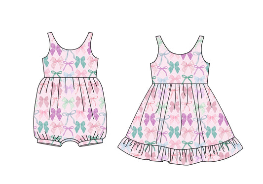 3.12 custom each style moq 5eta 4-6week Sibling Sisters bow baby girl short sleeve dress and rompers match family design