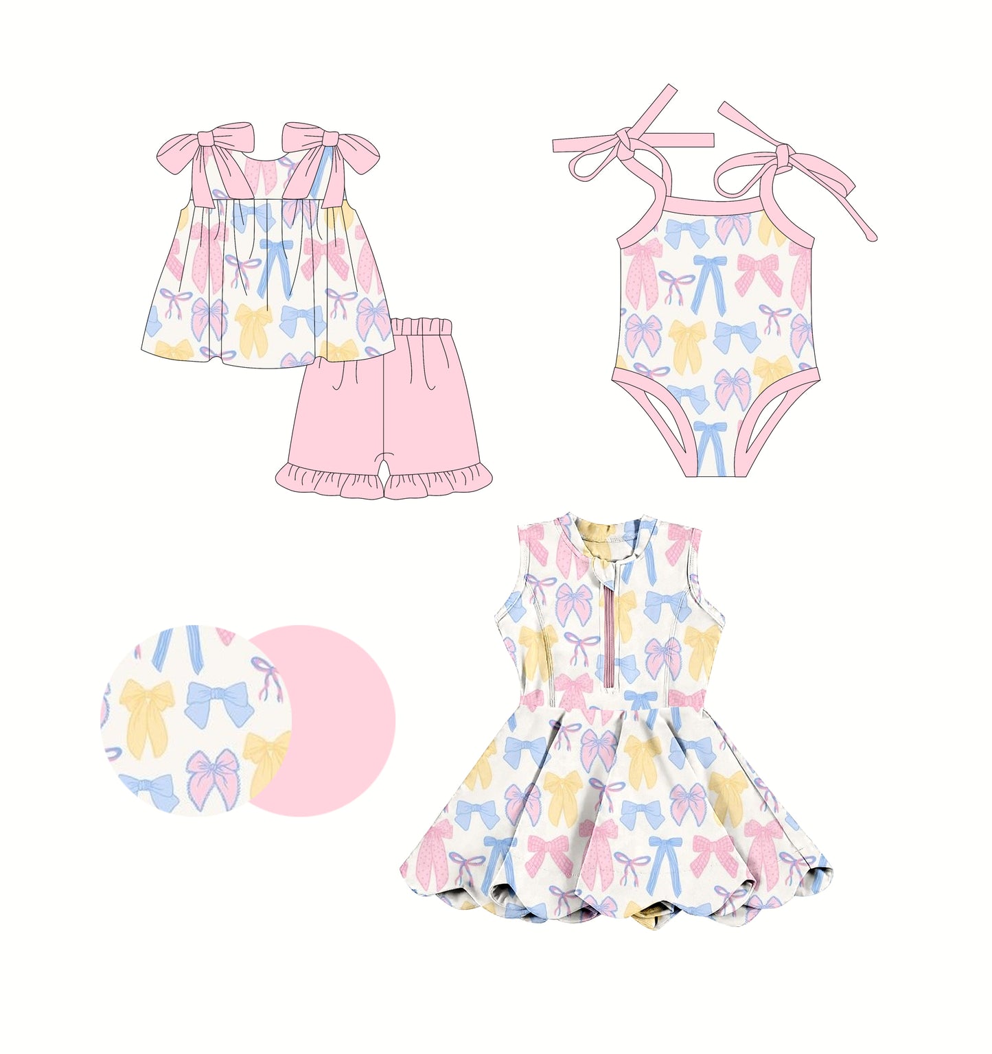 2.24 custom each style moq 5eta 4-6week Sibling Sisters bow baby girl short sleeve shorts sets and dress and rompers match family design