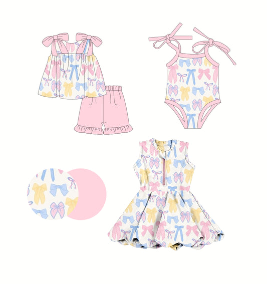 2.24 custom each style moq 5eta 4-6week Sibling Sisters bow baby girl short sleeve shorts sets and dress and rompers match family design