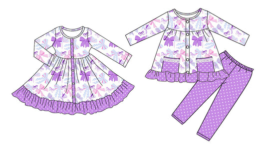 25.7.28 custom each style moq 5eta 4-6week Sibling Sisters bow purple baby girl long sleeve pants sets and dress match family design