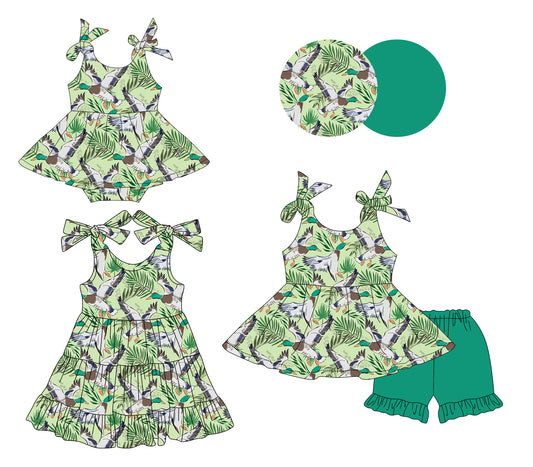 3.14 custom each style moq 5eta 4-6week Sibling Sisters duck baby girl short sleeve shorts sets and dress and rompers match family design