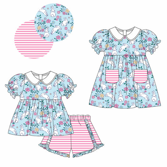 25.12.17 custom each style moq 5 eta 6-8week Sibling Sister bunny floral baby short sleeve shorts sets and dress match design