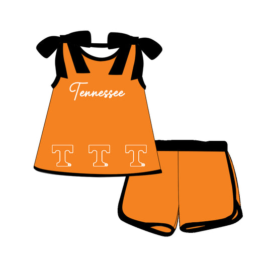 Custom moq 5 each style eta 6-8weeks baby girl clothes team orange suspender shorts sets-25.10.14
