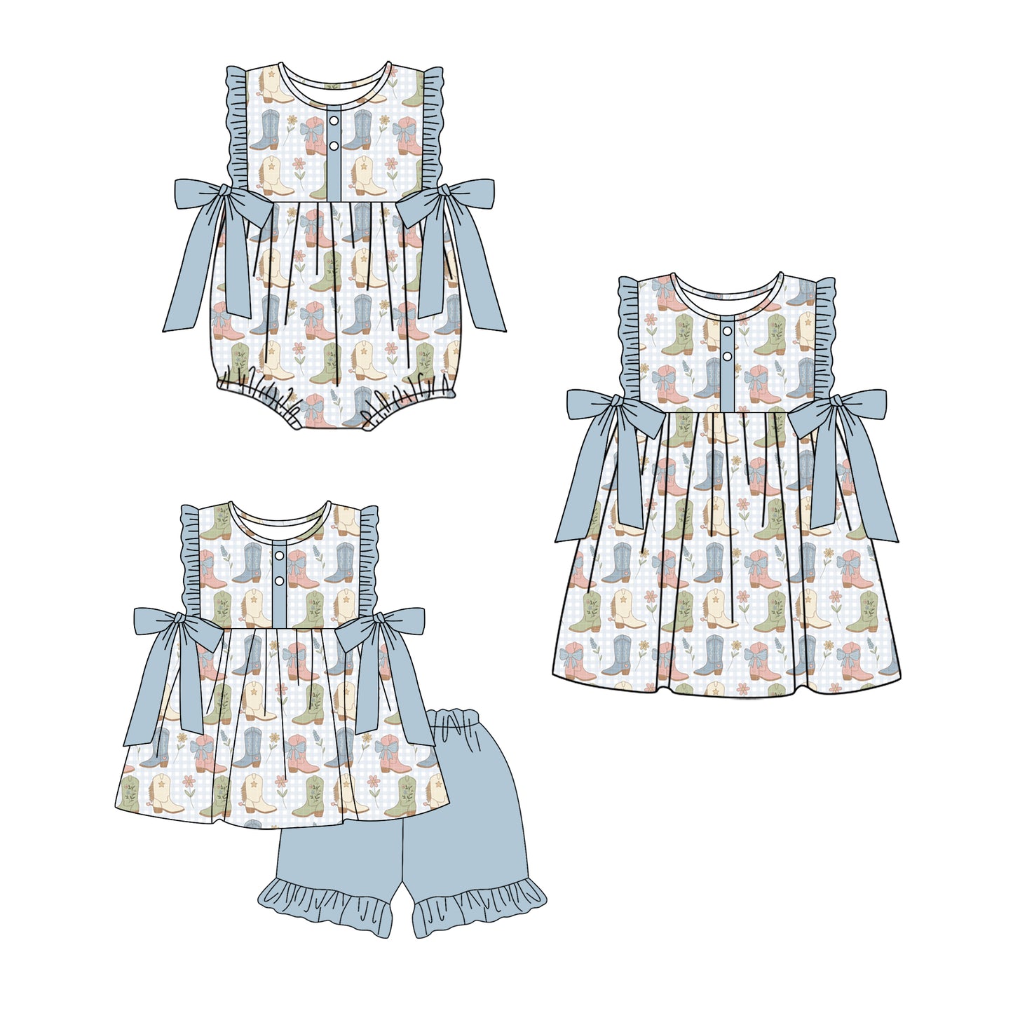 3.3 Custom moq 5 mix size Sibling Baby Girl's Blue Sleeveless Top And Shorts Set Cute Romper Dress for Summer