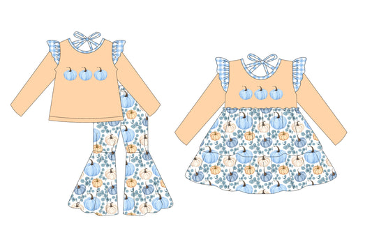 25.6.24 custom each style moq 5eta 4-6week Sibling Sisters pumpkin baby girl long sleeve pants sets and dress match family design