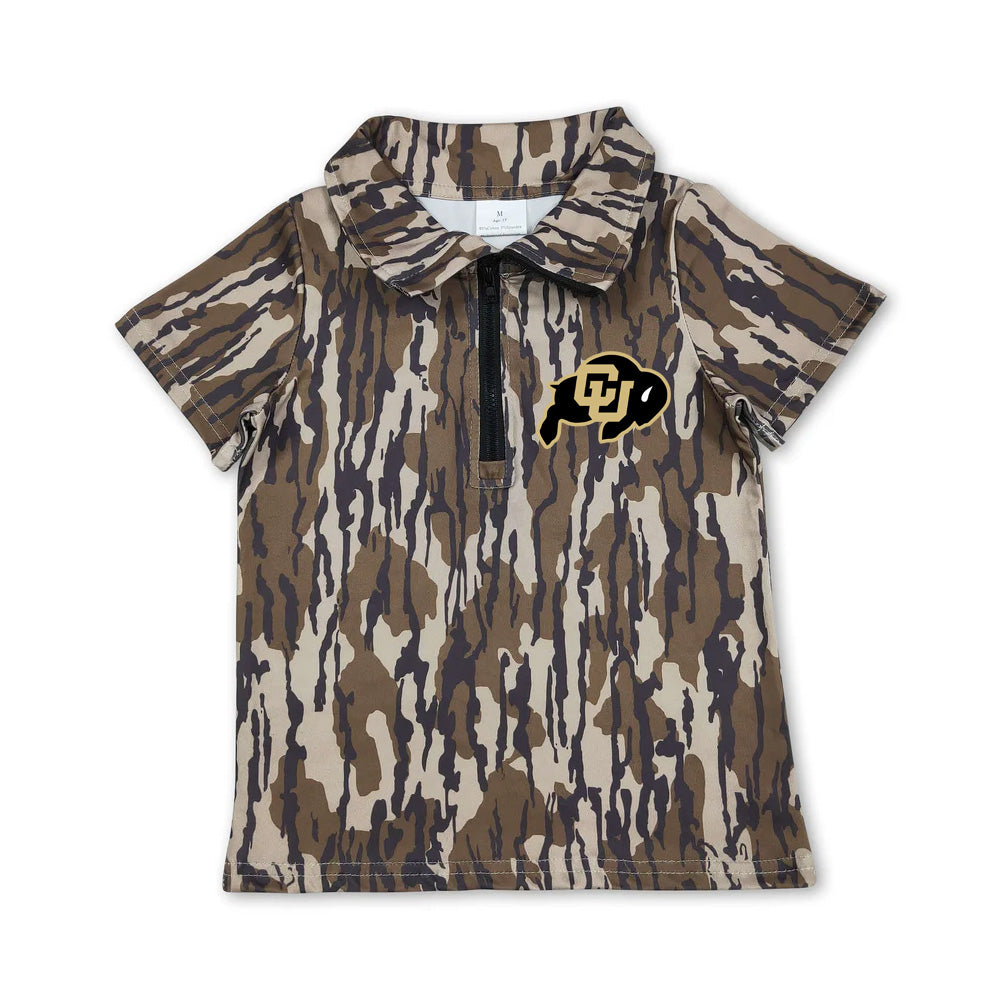 Custom moq 5 mix size milk silk summer teams Baby Boys Short Sleeve Olive Camo Zipper Pullovers Top