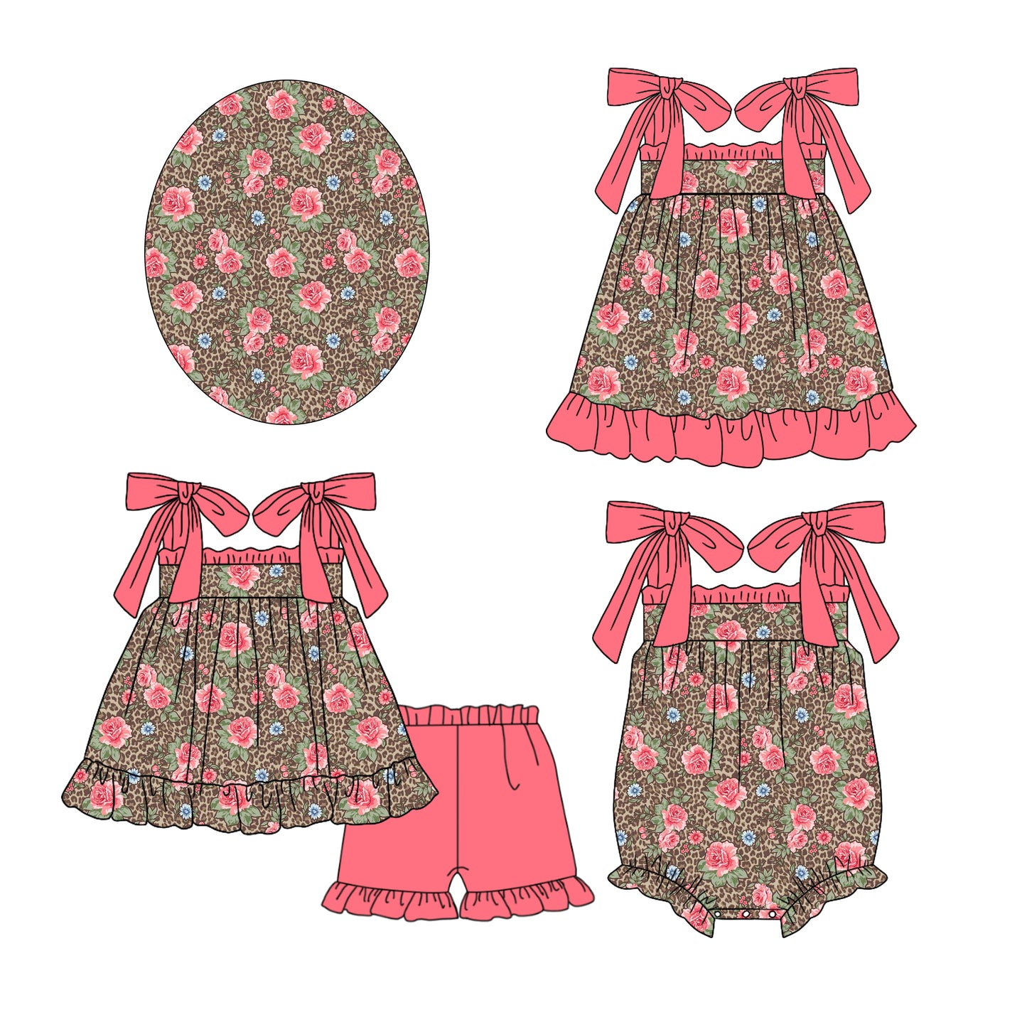 12.12 custom each style moq 5eta 4-6week Sibling Sister floral leopard baby girl short sleeve shorts sets and dress and rompers match family design