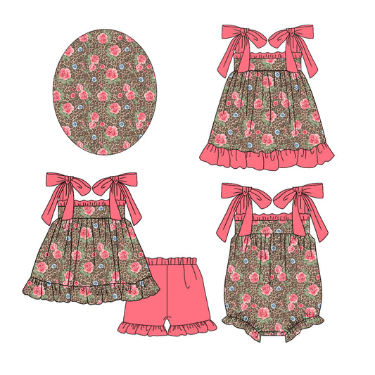 12.12 custom each style moq 5eta 4-6week Sibling Sister floral leopard baby girl short sleeve shorts sets and dress and rompers match family design