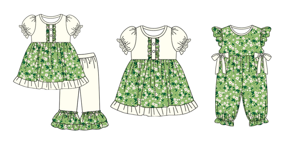 11.1 custom each style moq 5eta 4-6week Sibling Sister floral green baby girl sets and dress and rompers match family design