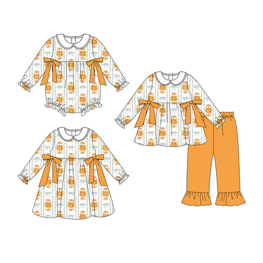 25.7.2 custom each style moq 5eta 4-6week Sibling Sisters pumpkin floral baby girl long sleeve pants sets and dress and rompers match family design