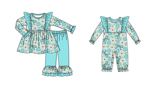 25.6.3 custom each style moq 5eta 4-6week Sibling Sisters pumpkin floral blue and green baby boy long sleeve pants sets and rompers match family design