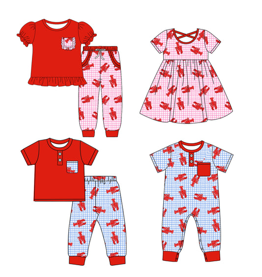 25.10.2 custom each style moq 8 eta 6-8week Sibling Sister lobster baby short sleeve pants sets 2 and romper and dress match design