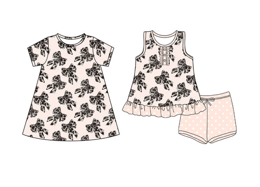 4.4 custom each style moq 5eta 4-6week Sibling Sister bow baby girl short sleeve shorts sets and dresses match design
