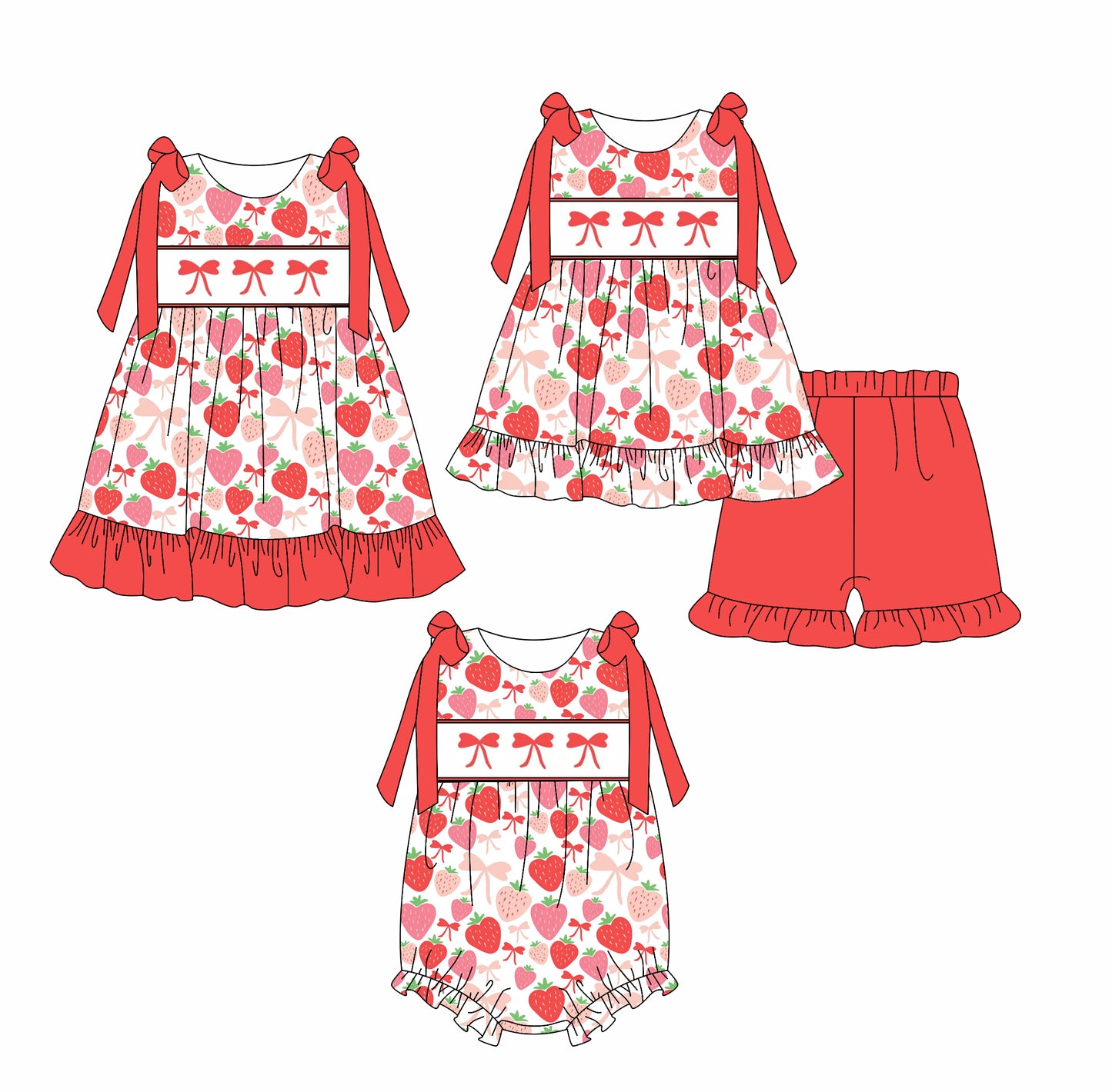 4.2 custom each style moq 5eta 4-6week Sibling Sisters bow strawberry red baby girl short sleeve shorts sets and dress and rompers match family design