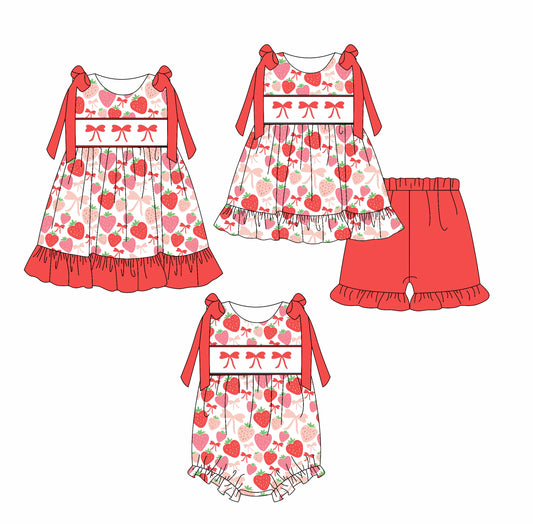 4.2 custom each style moq 5eta 4-6week Sibling Sisters bow strawberry red baby girl short sleeve shorts sets and dress and rompers match family design