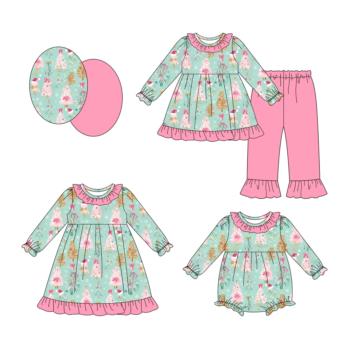 25.8.11 custom each style moq 5eta 4-6week Sibling Sisters Christmas trees pink baby girl long sleeve pants sets and dress and rompers match family design
