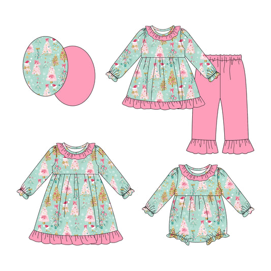25.8.11 custom each style moq 5eta 4-6week Sibling Sisters Christmas trees pink baby girl long sleeve pants sets and dress and rompers match family design