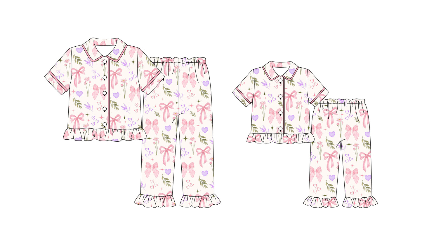 25.9.16 custom each style moq 5eta 4-6week Sibling Sister love floral bow baby short sleeve pant sets and adult sets match design