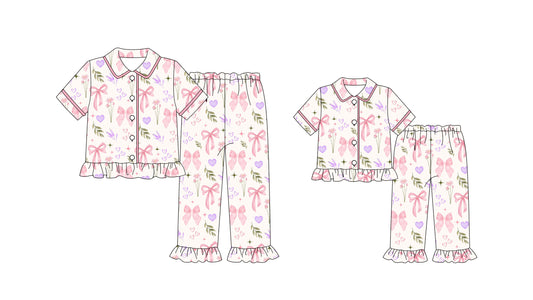 25.9.16 custom each style moq 5eta 4-6week Sibling Sister love floral bow baby short sleeve pant sets and adult sets match design