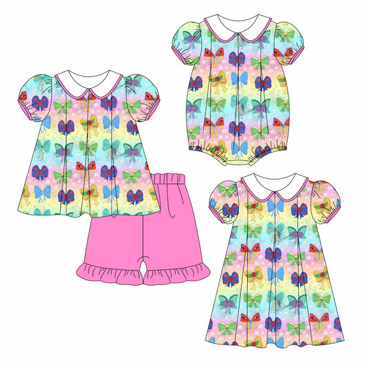 3.10 custom each style moq 5eta 4-6week Sibling Sisters bow baby girl short sleeve shorts sets and dress and rompers match family design