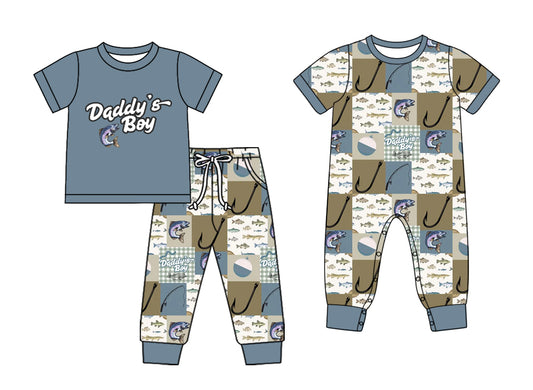 25.10.31 custom each style moq 5 eta 6-8week Sibling Sisters fishing baby boy clothes short sleeve pants sets and romper match family design