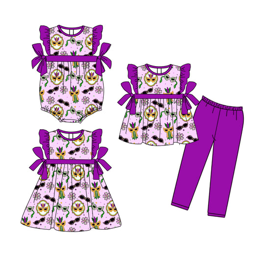 25.9.25 custom each style moq 8 eta 6-8week Sibling Sisters mardi gras baby girl short sleeve pants sets and dress and rompers match family design