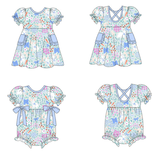 25.10.9 custom each style moq 8 eta 6-8week Sibling Sisters bunny bow floral baby girl short sleeve dress and romper match family design