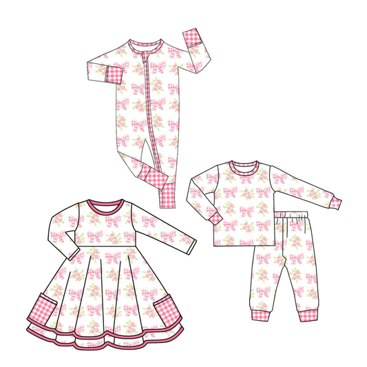25.7.10 custom each style moq 5eta 4-6week Sibling Sisters bow pink baby girl long sleeve pants sets and dress and rompers match family design