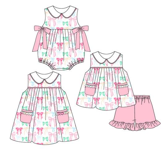 2.21 custom each style moq 5eta 4-6week Sibling Sister bow baby girl short sleeve shorts sets and dress and rompers match family design