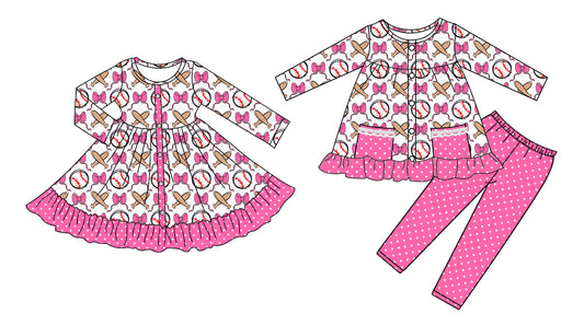25.8.26 custom each style moq 5eta 4-6week Sibling Sisters baseball bow pink baby girl long sleeve pants sets and dress match family design