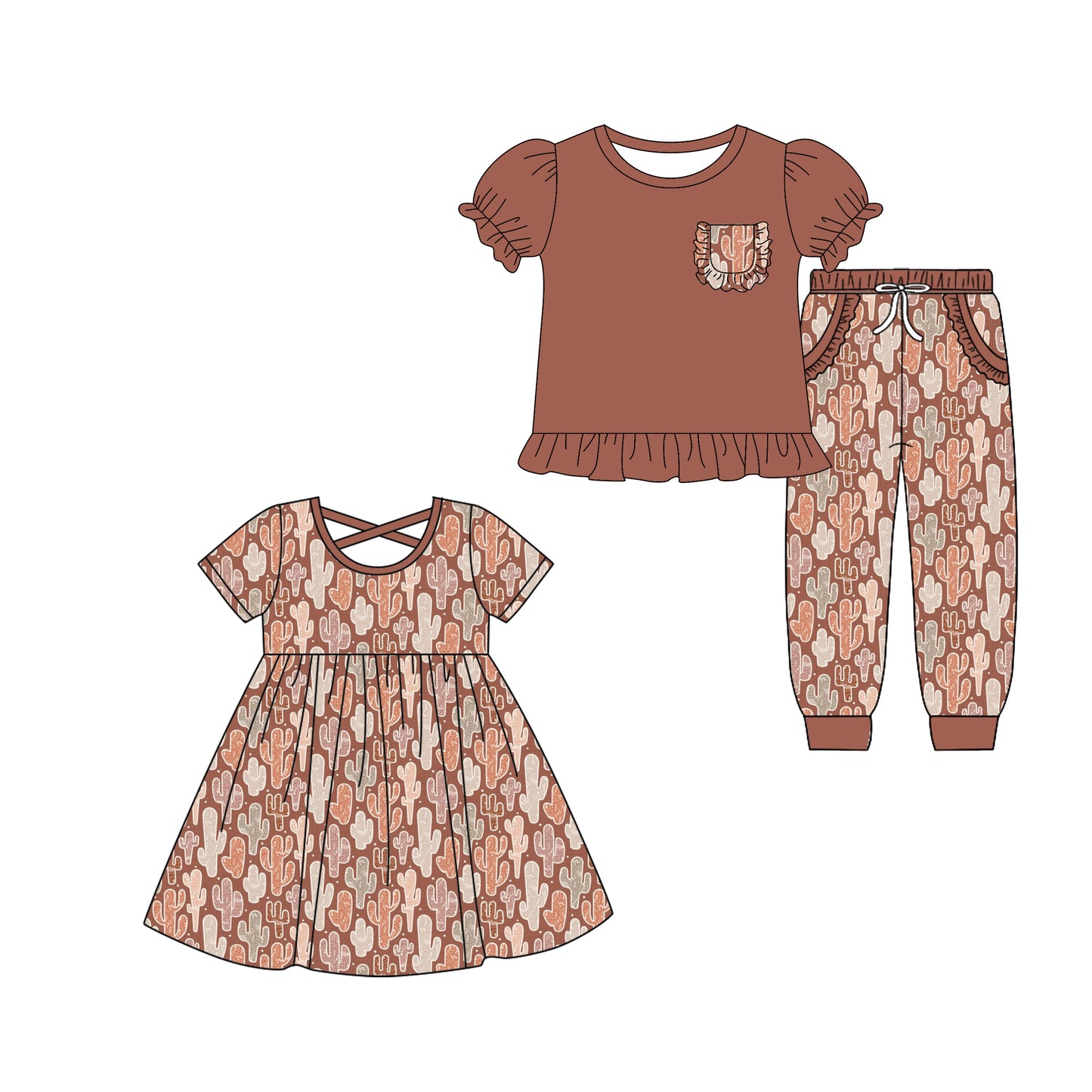 5.5 custom each style moq 5eta 4-6week Sibling Sister catcus baby girl pants sets and dress match family design