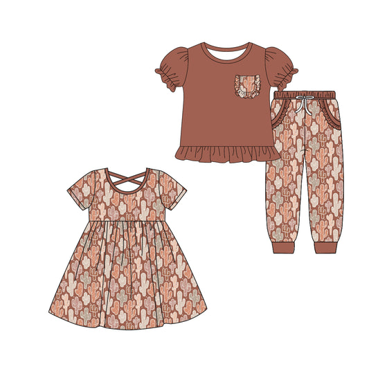 5.5 custom each style moq 5eta 4-6week Sibling Sister catcus baby girl pants sets and dress match family design