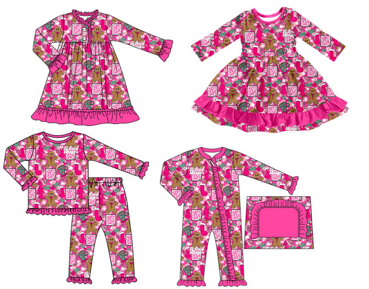 25.7.9 custom each style moq 5 eta 4-6week Sibling Sisters Christmas rose red baby girl long sleeve pants sets and romper and dress 1 and dress 2 match family design