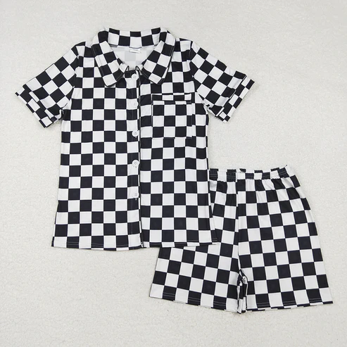 RTS NO MOQ Adult Girls black and white plaid Short Sleeve Shorts Pajama Set & kids shorts sets