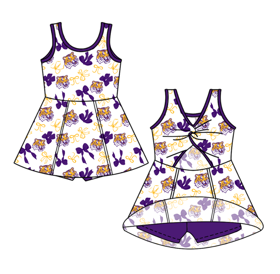 custom moq 5 mix size NB020624 Baby Girls Bow Printed Team Sleeveless Knee Skort Dresses Yoga Active Outfits