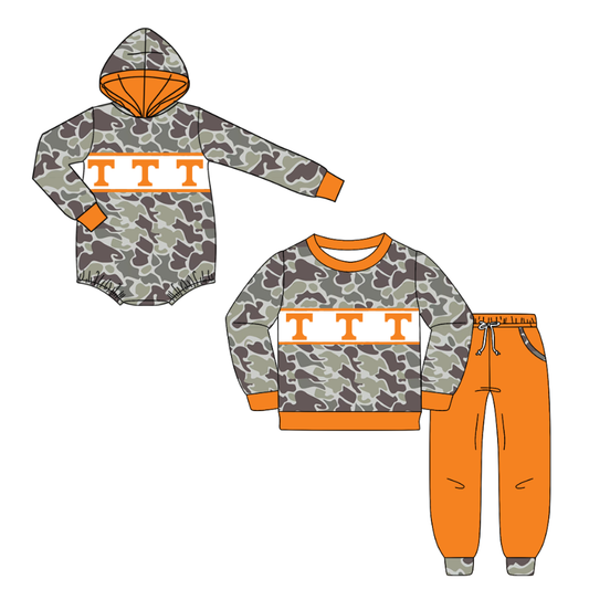 Custom moq 5 mix size milk silk summer teams baby boys clothes camouflage orange hooded long sleeve pants sets and romper-25.10.20