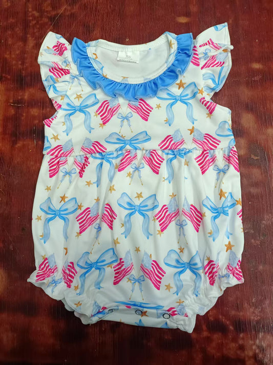 Custom moq 3 eta 6-7weeks baby girl clothes bow flag sleeveless rompe