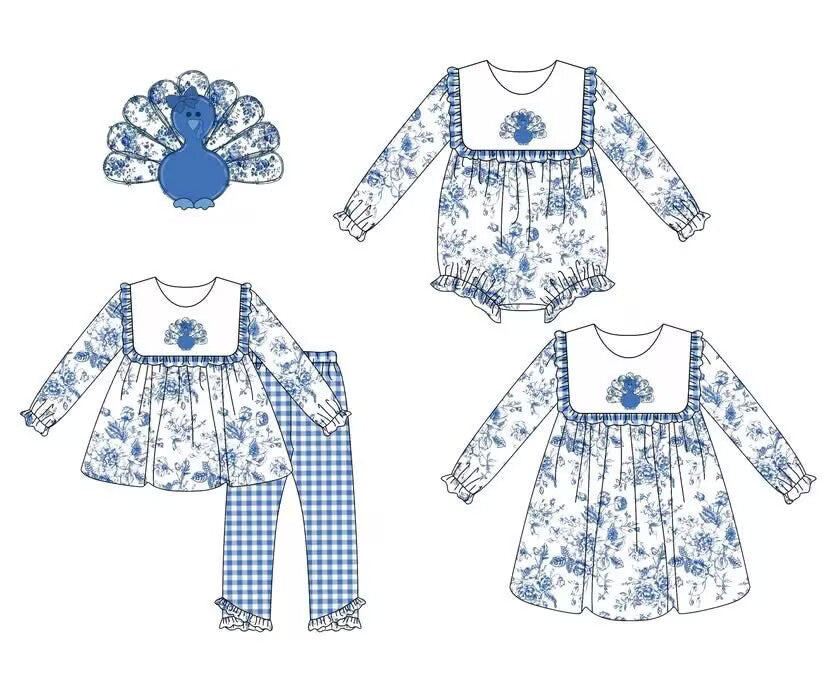 Custom moq 5 each style eta 6-7weeks baby girl clothes turkey blue long sleeve pants sets and romper and dress -25.8.8