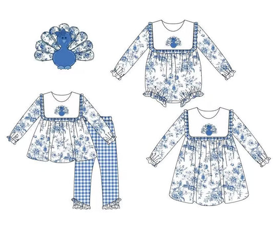 Custom moq 5 each style eta 6-7weeks baby girl clothes turkey blue long sleeve pants sets and romper and dress -25.8.8