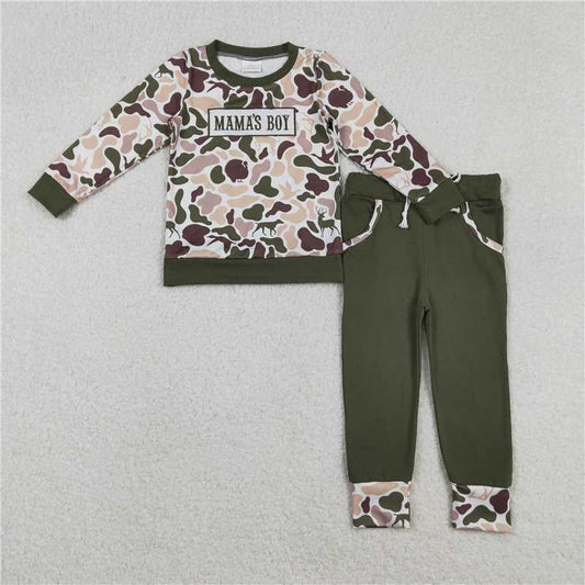 RTS NO MOQ（In Stock ) Embroidered Mama's Boy Duck and Puppy Camouflage Long-Sleeved Pants set
