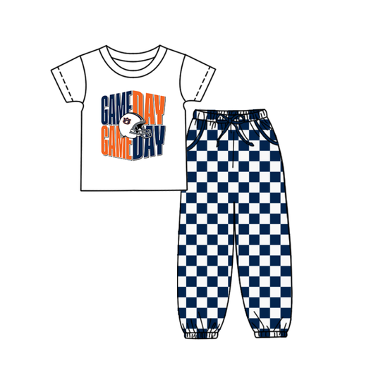 Custom summer teams baby boy clothes team GAME DAY blue plaid short sleeve pants sets-25.9.4