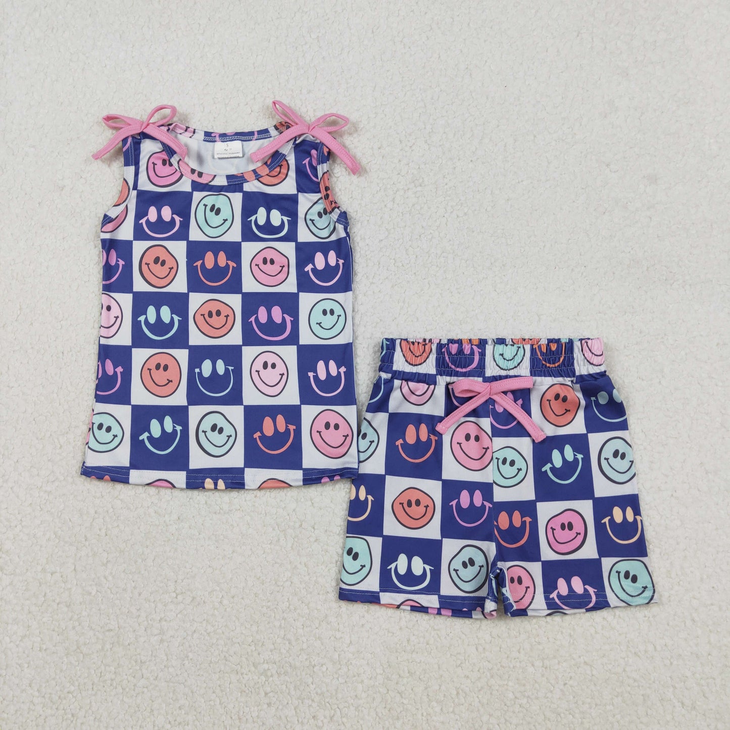 RTS NO MOQ（In Stock) Smiley face check sleeveless shorts set