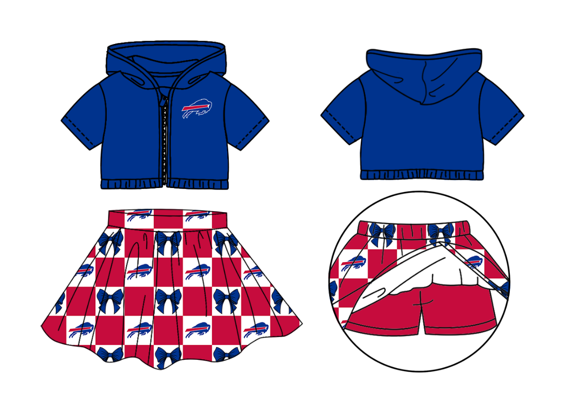 Custom moq 3 or 5 mix size milk silk summer teams baby girl clothes bow blue and red zipper hooded short sleeve shorts skirts sets-26.1.20
