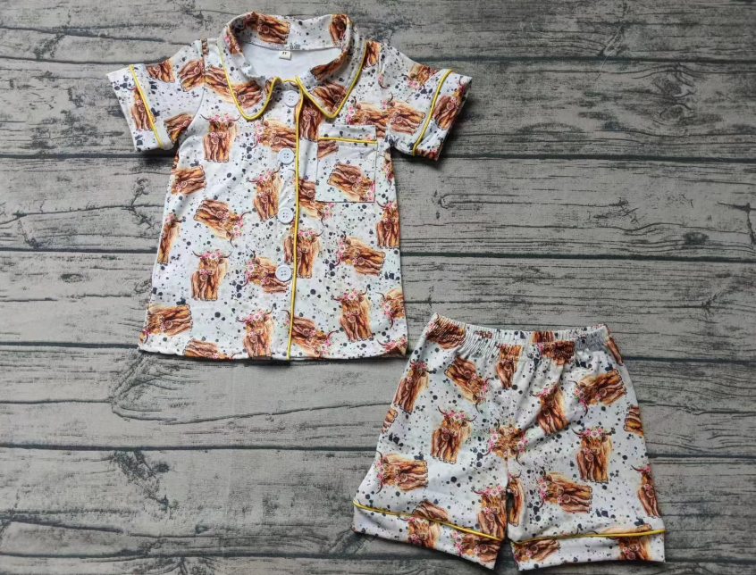 Custom moq 3 eta 6-7weeks Yellow yak print black and white polka dot button cardigan short-sleeved shorts set