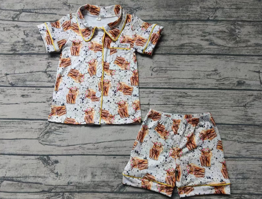 Custom moq 3 eta 6-7weeks Yellow yak print black and white polka dot button cardigan short-sleeved shorts set