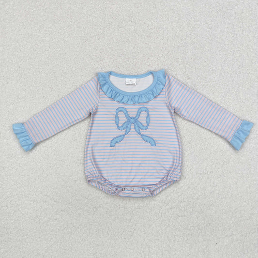 RTS NO MOQ ETA 5/7days LR1379 Embroidered blue striped bow pattern lace pink legless long-sleeved jumpsuit