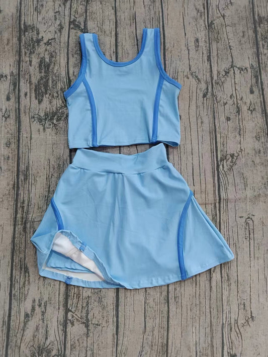 Custom moq 8 eta 6-8weeks baby girl clothes team blue sleeveless shorts skirt sets-25.9.29