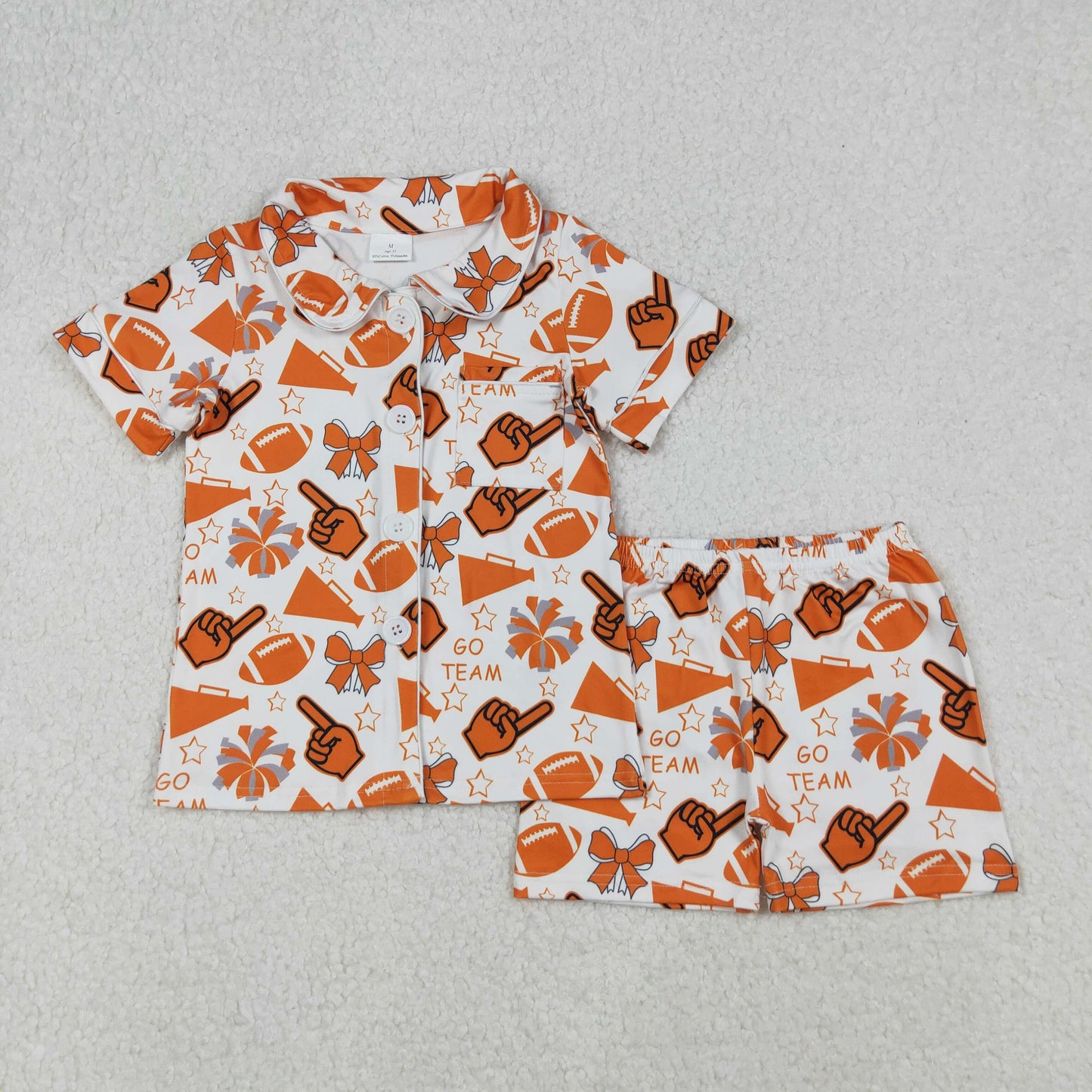 RTS NO MOQ（In Stock) GSSO2676 Go Team Orange Hand Signal Trumpet Star Bow Pattern Short-Sleeved Shorts Pyjama Set