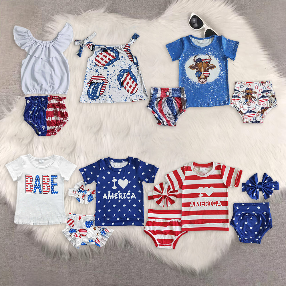 RTS NO MOQ baby girls clothes 4th of july short sleeve briefs sets